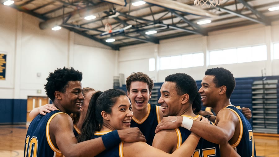 Six teammates in navy jerseys huddled arm in arm on a basketball court