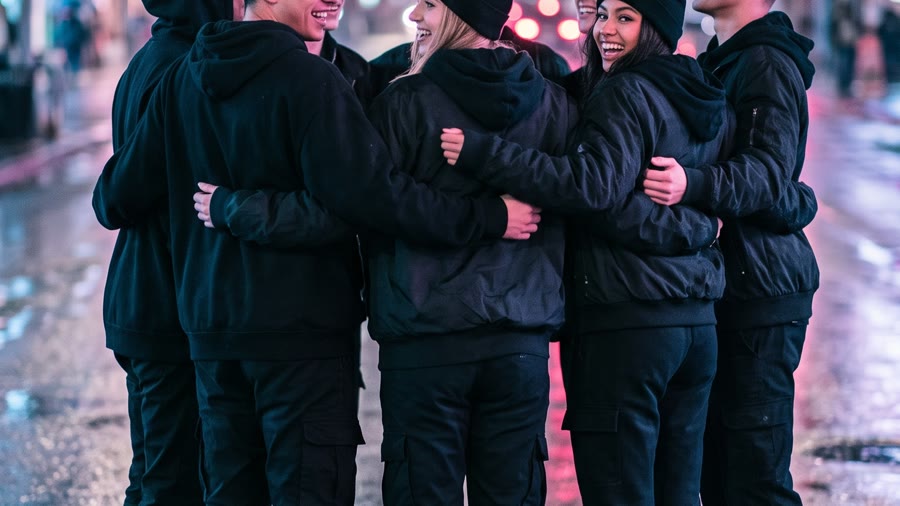 Seven friends in black hoodies in a tight group on a neon-lit street at night